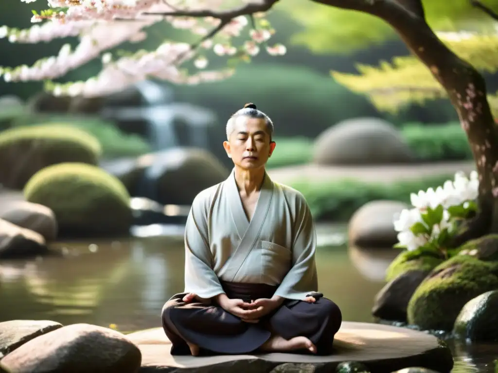 Un maestro Zen medita en un jardín tranquilo, rodeado de naturaleza exuberante, árboles de cerezos en flor y un arroyo suave