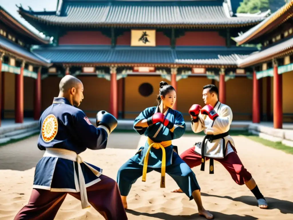 Maestros ancestrales de kickboxing practican en un patio soleado