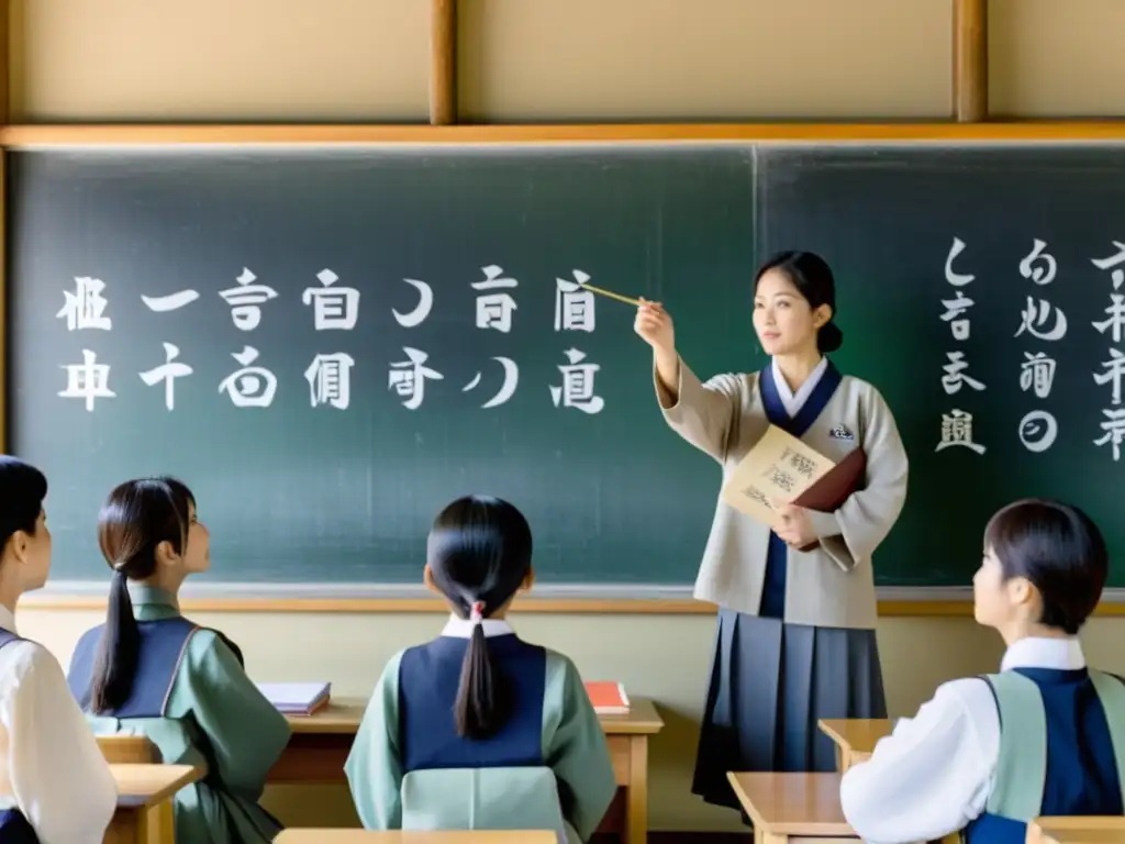 Maestros japoneses imparten lección en aula tranquila, rodeados de estudiantes atentos