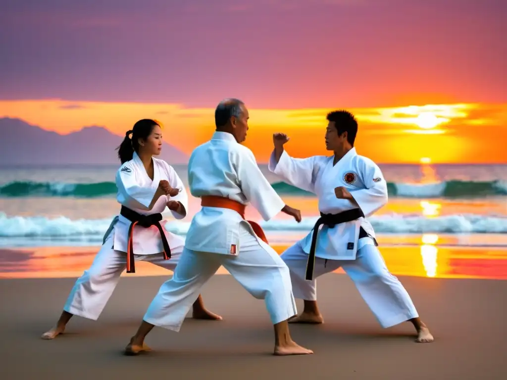 Maestros de karate en Okinawa practicando kata al atardecer en una remota playa, reflejando la historia del karate en Okinawa