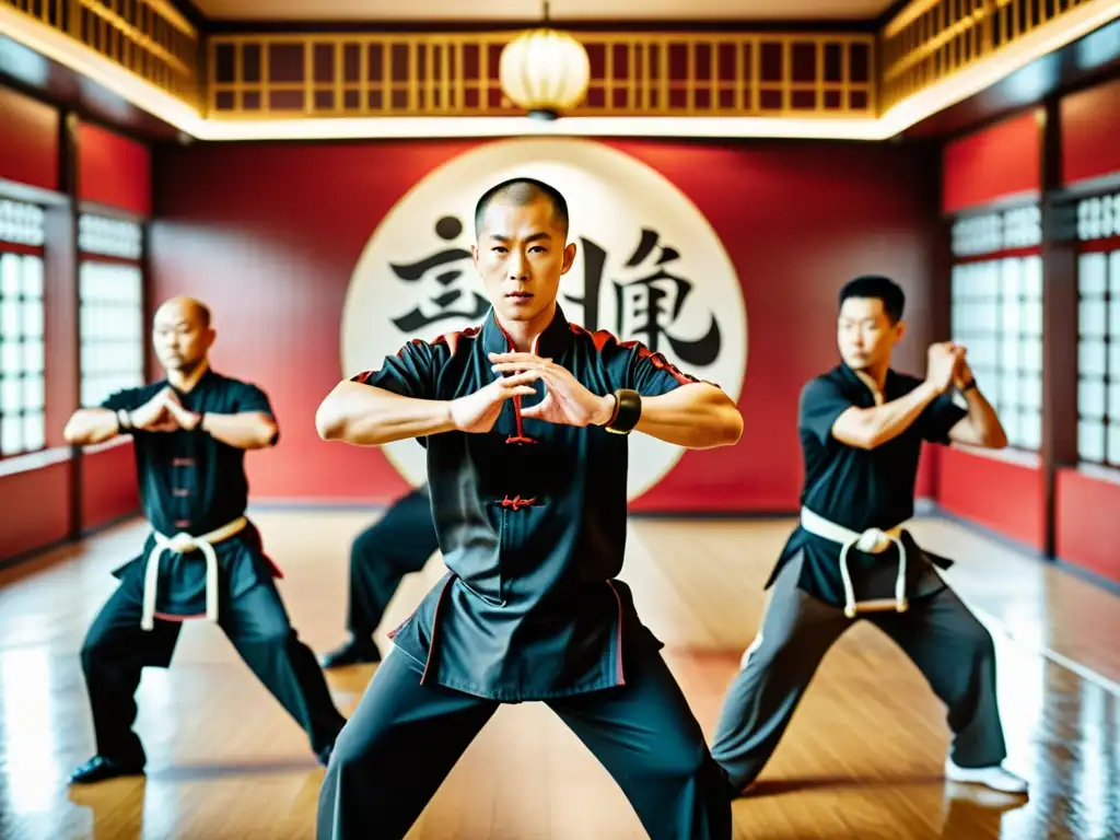 Maestros de Wing Chun practican técnicas ancestrales con intensa concentración y gracia en un espacio tradicionalmente decorado