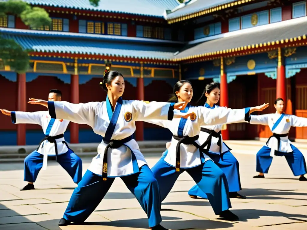 Maestros de Vovinam en uniformes blancos realizan movimientos precisos y sincronizados en un patio soleado, con un templo sereno de fondo