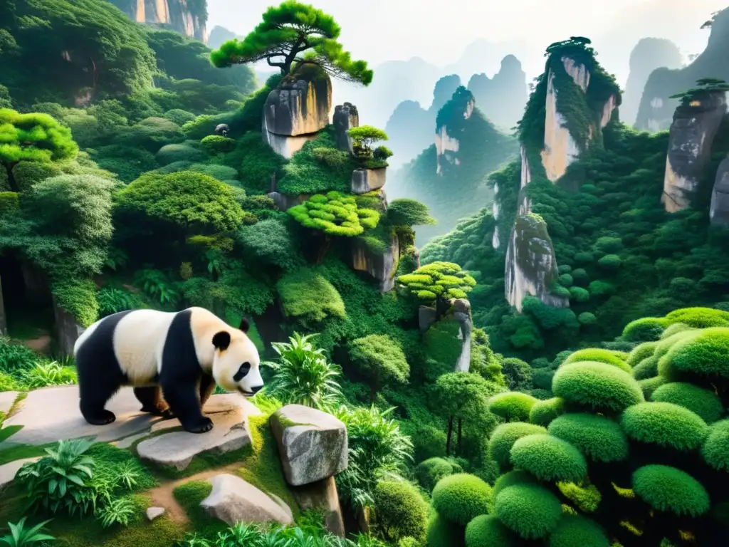 Magia natural en bosques asiáticos: Un paisaje místico de bosque denso en China, con pandas majestuosos y esculturas de piedra