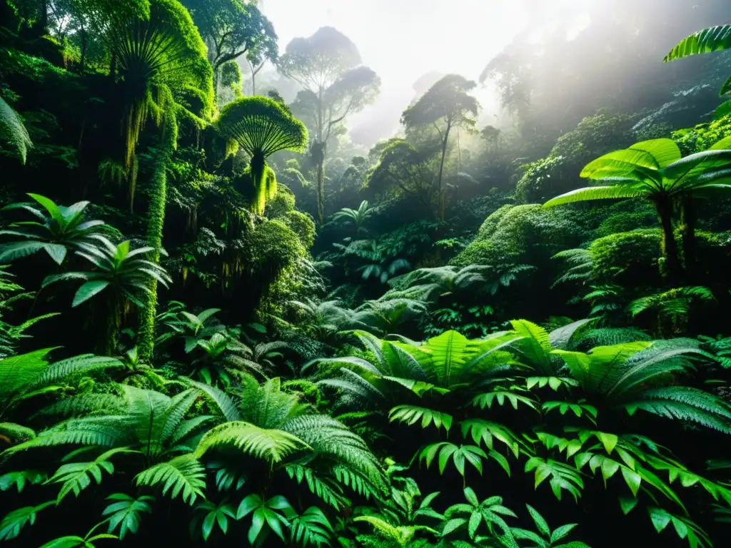 Magia natural en bosques asiáticos: Imagen de exuberante selva en Borneo, con árboles centenarios, plantas y luz filtrándose entre el dosel