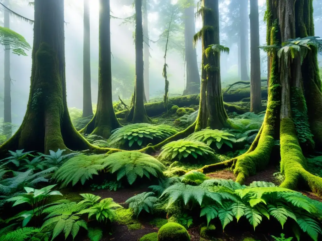 Magia natural en bosques asiáticos: El encanto de un bosque místico con árboles antiguos, musgo vibrante y cascada al fondo