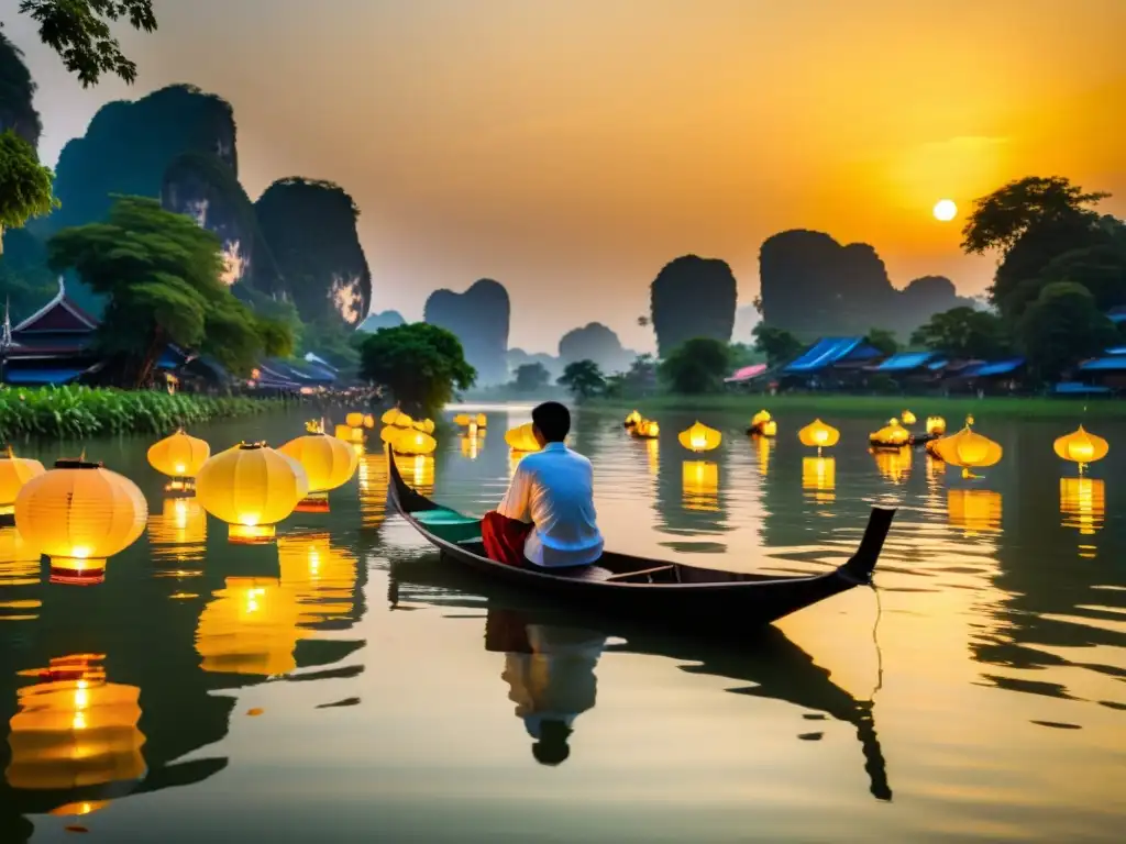 Mágico atardecer en el río tailandés durante el festival Loi Krathong, con krathongs flotando en el agua y gente en trajes tradicionales