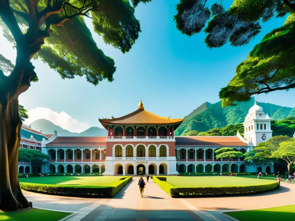 La majestuosa arquitectura de la Universidad de Hong Kong se destaca entre exuberante vegetación