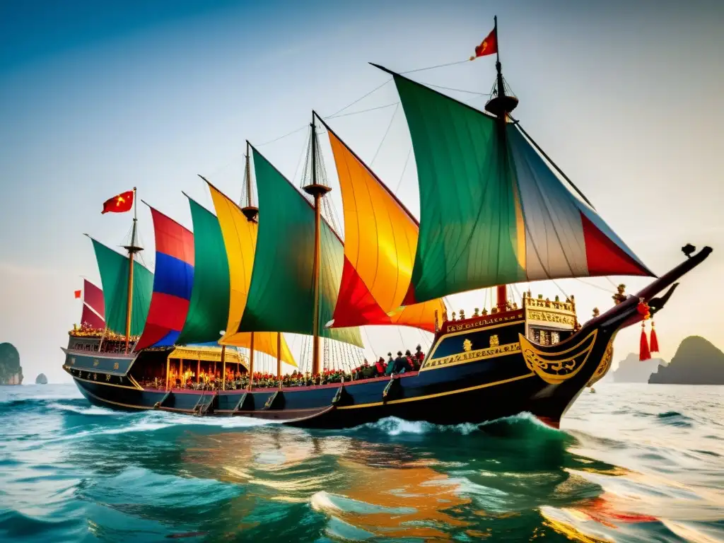 Una majestuosa expedición marítima de Zheng He en un barco tesoro chino del siglo XV con velas de seda colorida, rodeado de actividad en alta mar al atardecer