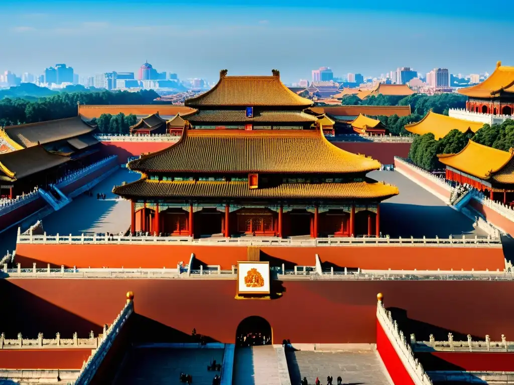 La majestuosa Ciudad Prohibida en Beijing, China, muestra su arquitectura detallada y colores vibrantes bajo el cielo azul