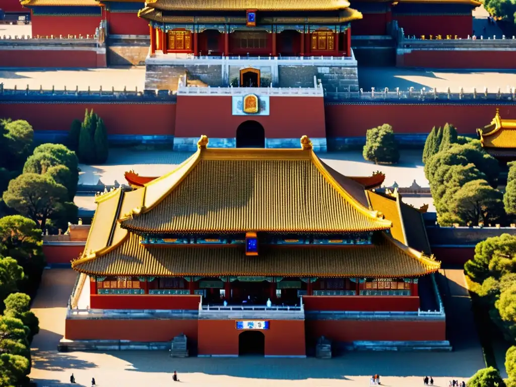 La majestuosa Ciudad Prohibida de Beijing, con sus detalles arquitectónicos en rojo y dorado, bañada por la cálida luz del sol