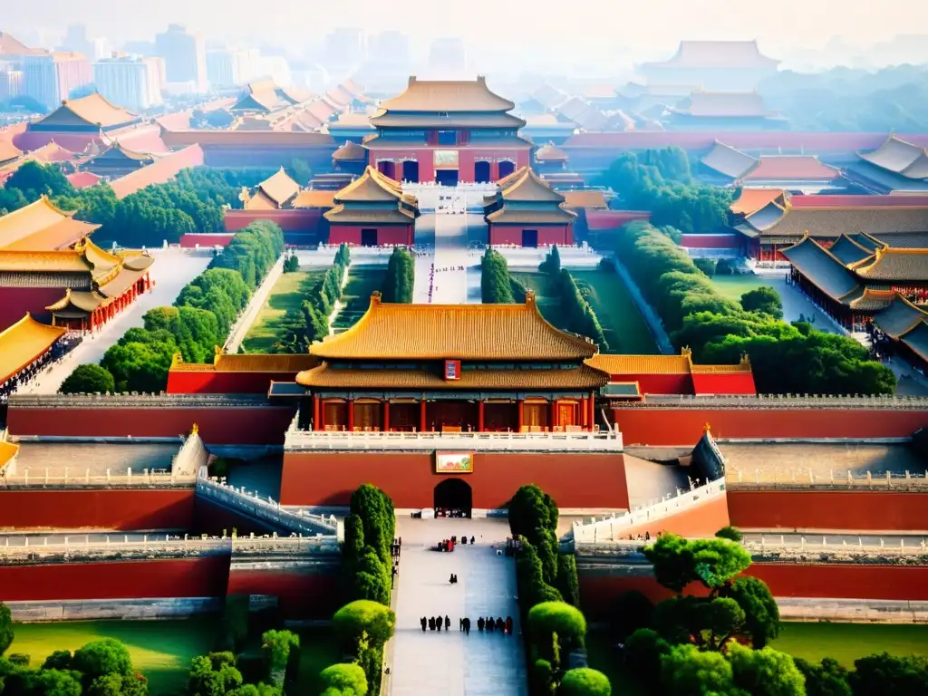 La majestuosa Ciudad Prohibida de Beijing, China, con su arquitectura roja y dorada contrastando con la exuberante vegetación