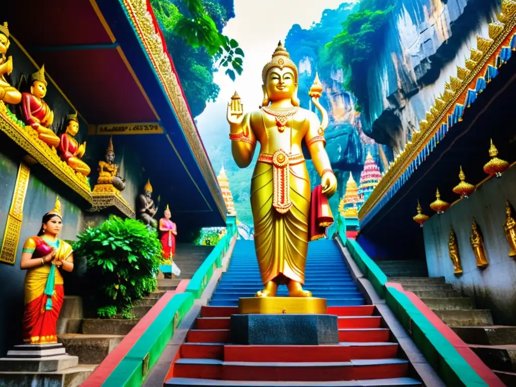 La majestuosa entrada de las Cuevas de Batu en Malasia, con la icónica estatua dorada de Lord Murugan y coloridos escalones