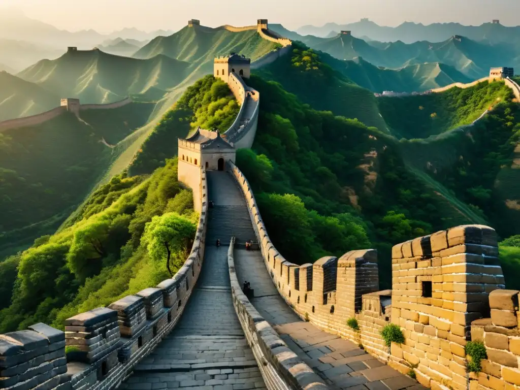 La majestuosa Gran Muralla China serpentea a través del exuberante paisaje, bañada por la cálida luz dorada del atardecer