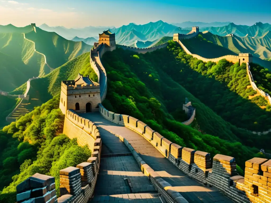 La majestuosa Gran Muralla China de la dinastía Ming: historia y legado, con sus torres y paisaje montañoso, bañada por la cálida luz del sol