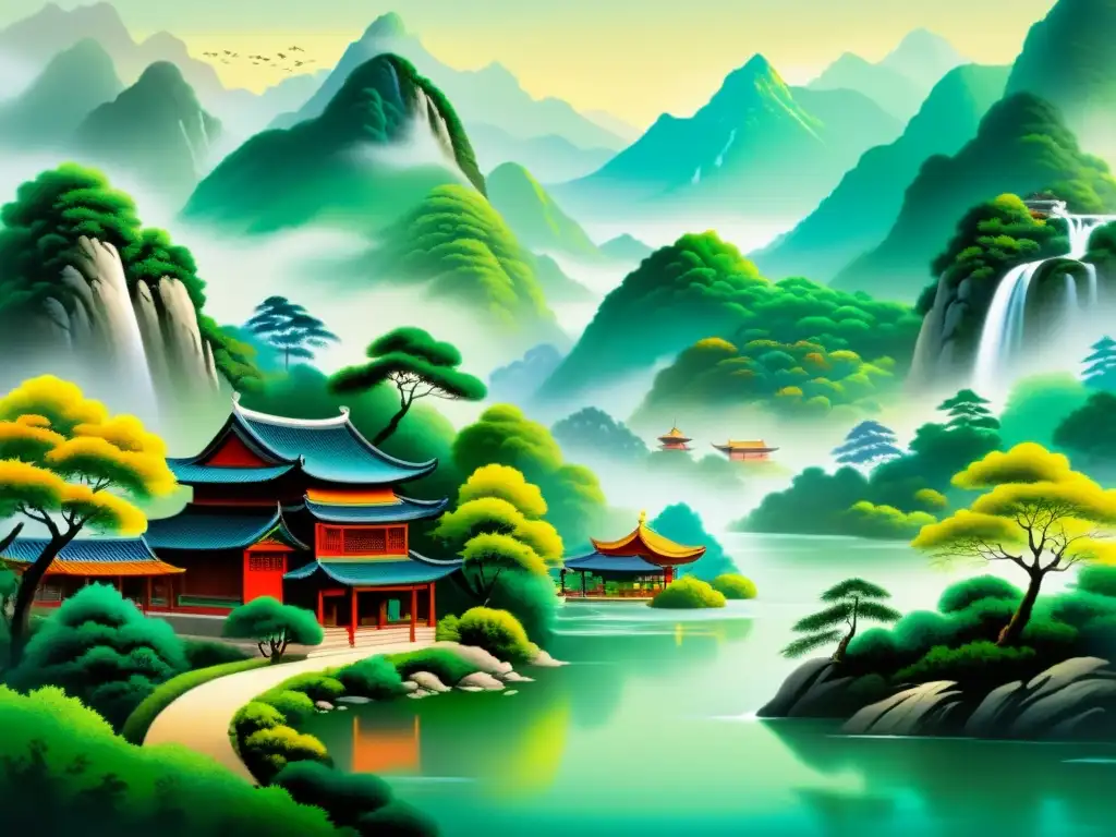 Una majestuosa pintura paisajista china dinastías muestra un sereno paisaje montañoso con ríos y bosques exuberantes