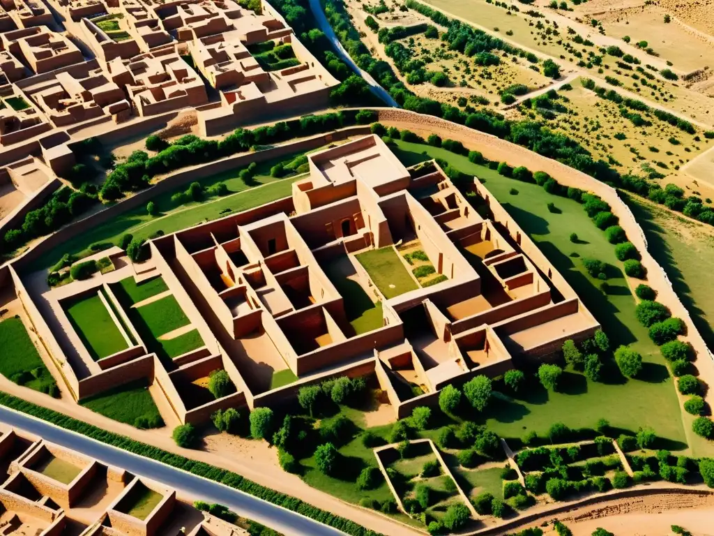 Una majestuosa vista aérea de la antigua ciudad de Harappa, revelando su intrincada disposición de calles, edificios y estructuras