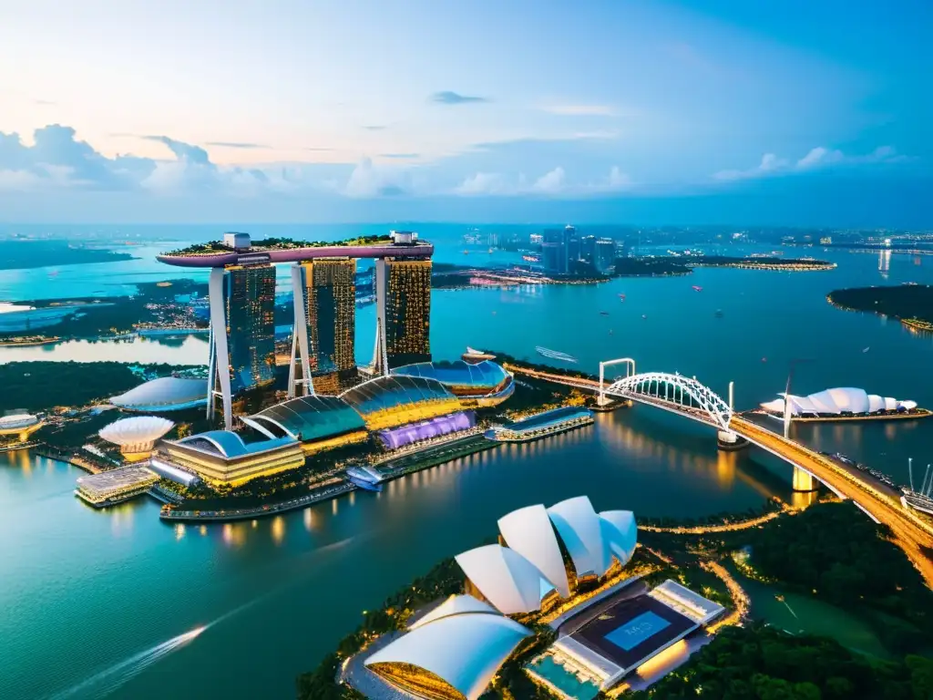 Majestuosa vista aérea de Singapur al anochecer, con rascacielos iluminados reflejándose en Marina Bay