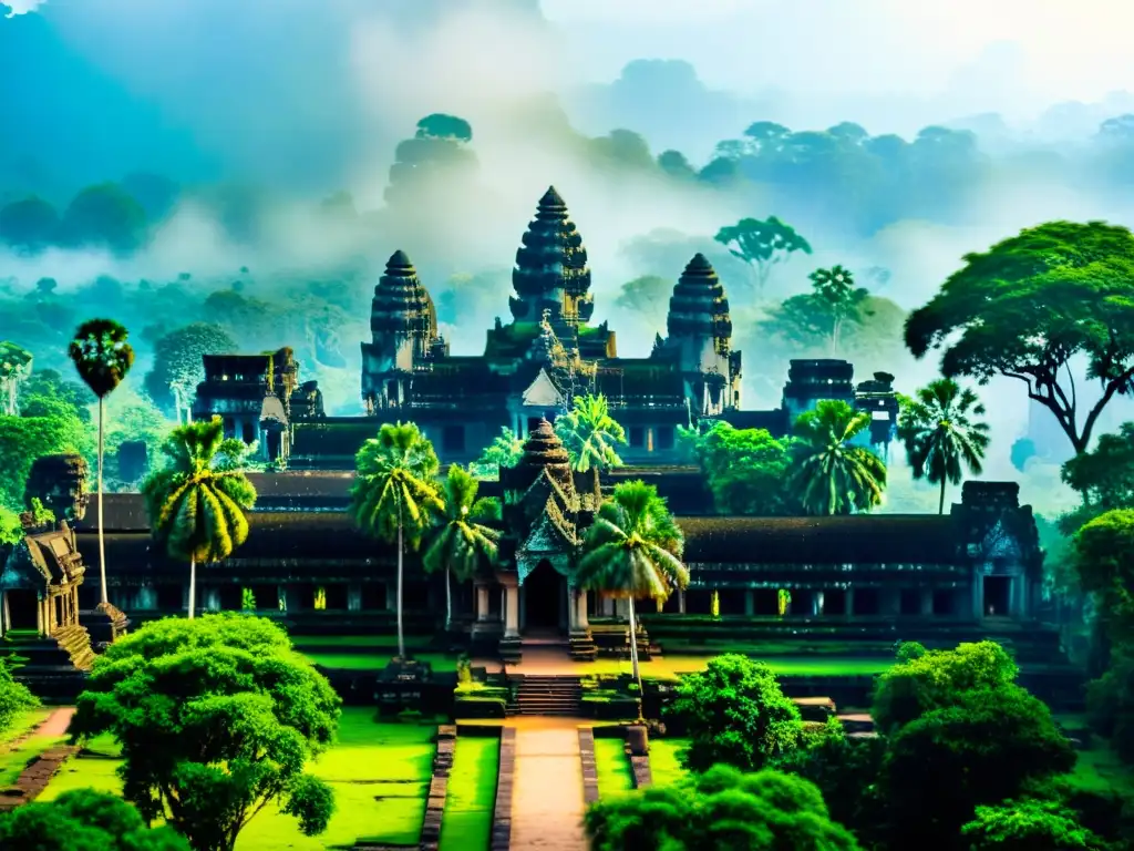 Majestuosas ruinas de Angkor Wat entre la exuberante naturaleza del bosque asiático, evocando magia natural en bosques asiáticos