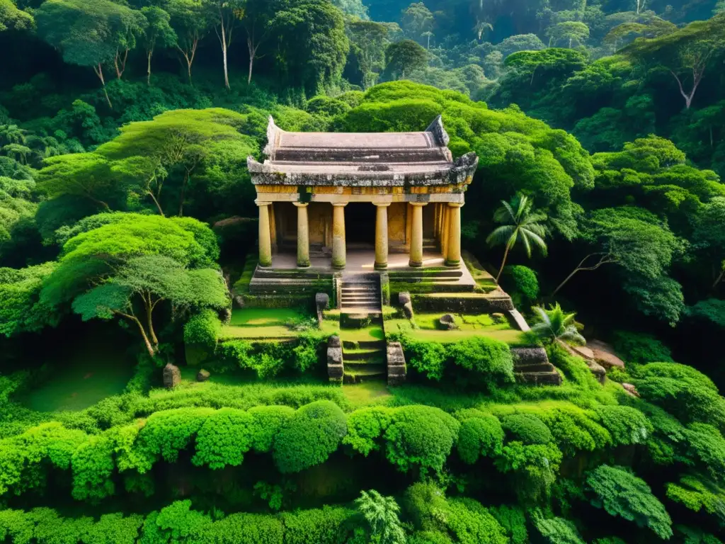 Majestuoso templo antiguo en la selva La majestuosidad de los santuarios olvidados de Asia se revela en las ruinas cubiertas de musgo de un antiguo templo en la exuberante jungla