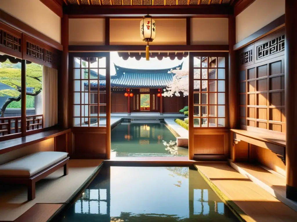 Un majestuoso alojamiento de lujo en China Imperial, con arquitectura de madera, muebles de seda y jardín de cerezos en flor