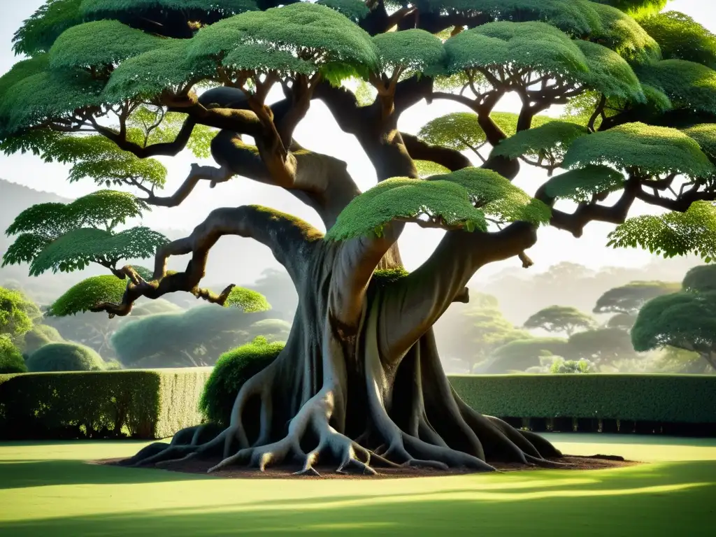 Un majestuoso árbol Bodhi en un tranquilo jardín, transmitiendo equilibrio perfecto en Budismo con su serenidad atemporal