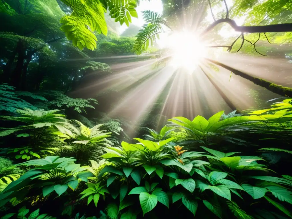 Majestuoso bosque lleno de vida, luz solar entre el dosel y diversa flora y fauna