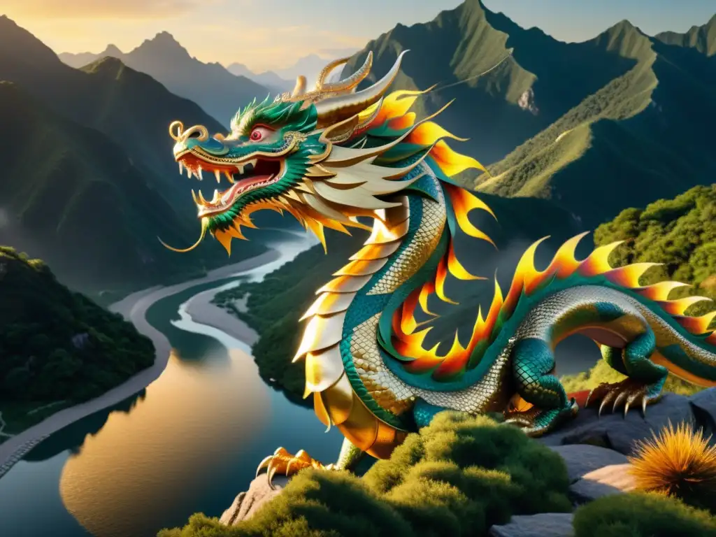 Dragón chino místico surcando montañas al amanecer Un majestuoso dragón chino serpentea entre montañas cubiertas de neblina, sus escamas brillan bajo la luz dorada del amanecer mientras vuela sobre un río tranquilo, simbolizando el poder perdurable y la majestuosidad de la mitología asiática en la literatura contemporánea