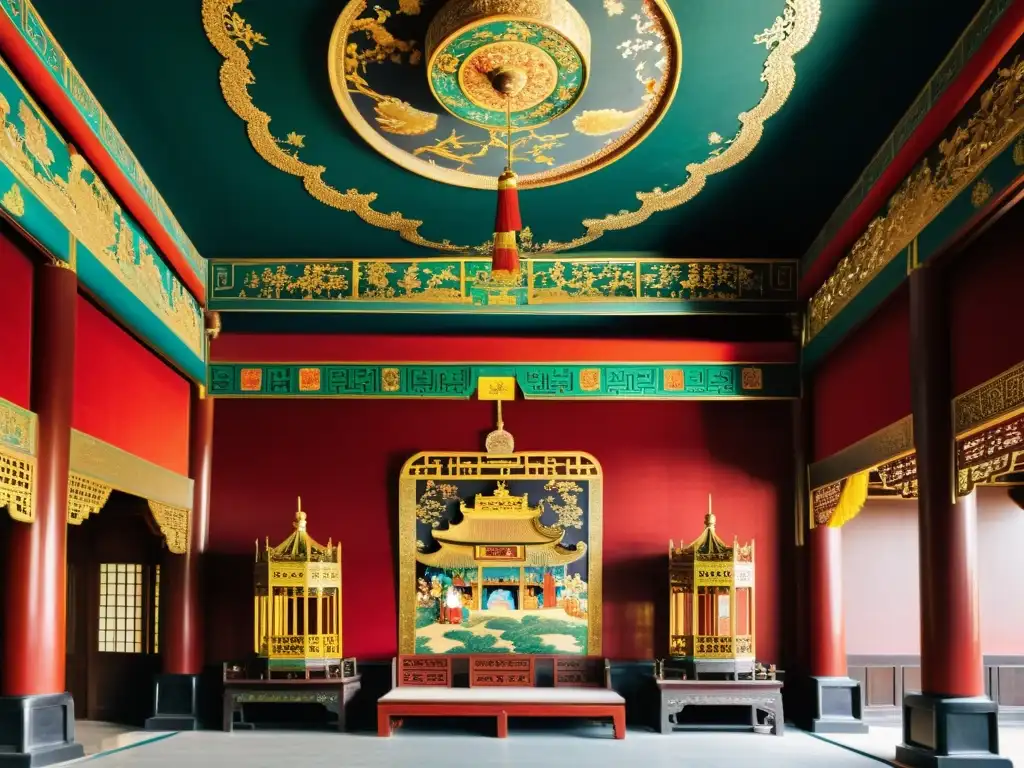 Majestuoso salón imperial chino con trono de Wu Zetian, emperatriz poderosa en la historia china