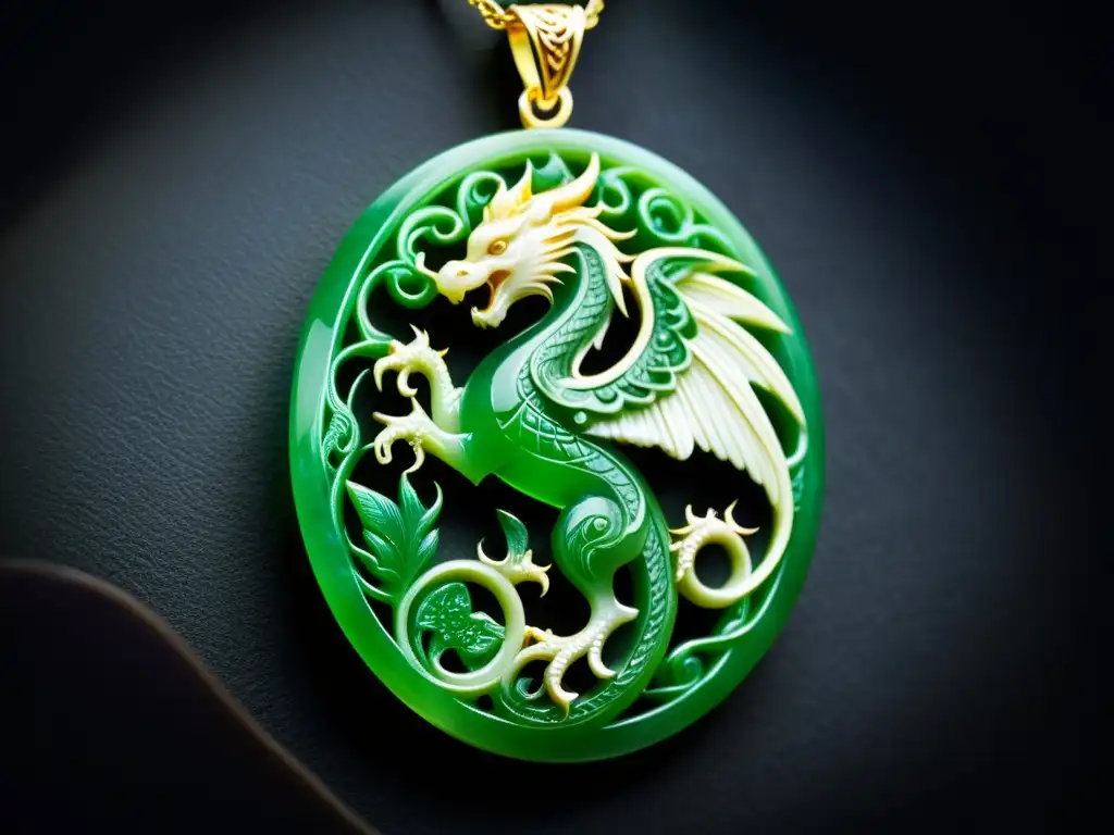 Un majestuoso colgante de jade con detalle de dragón y fénix, sobre terciopelo oscuro