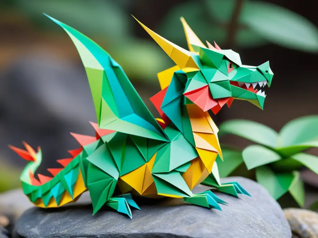 Un majestuoso dragón de origami con detalles meticulosos y colores vibrantes