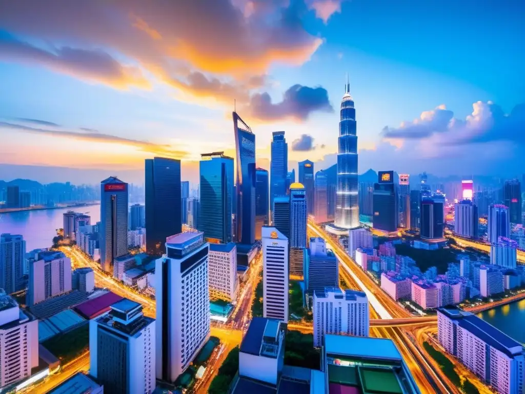 Horizonte urbano y profesionales: MBA en Asia Majestuoso horizonte de un distrito de negocios asiático al atardecer, reflejando la energía y oportunidades de un MBA en Asia para carrera internacional