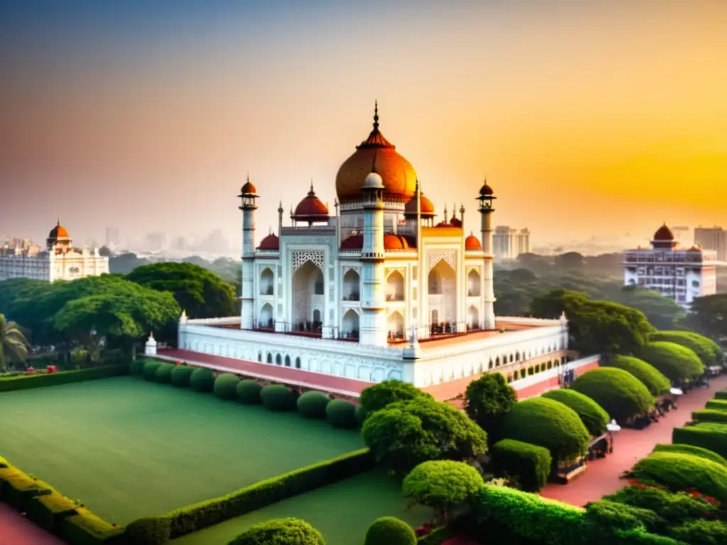 El majestuoso Hotel Taj Mahal Palace en Mumbai, India, resplandece al atardecer, mostrando su belleza atemporal