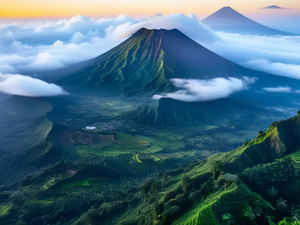 El majestuoso Monte Agung en Bali, con un aura mística y dorada al atardecer