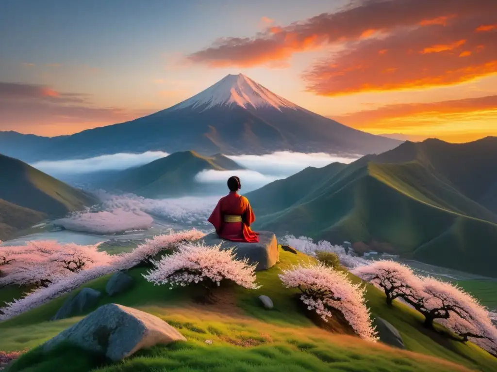 Paisaje asiático: montaña, flores y reflexión Un majestuoso pico de montaña emerge entre la niebla al atardecer, iluminando un valle tranquilo
