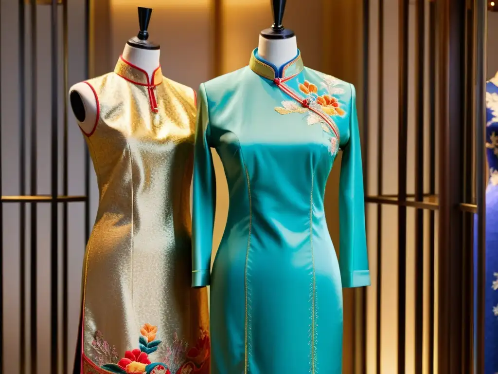 Un majestuoso qipao chino exhibido en maniquí, rodeado de fotografías vintage de diseñadores occidentales inspirándose en textiles asiáticos