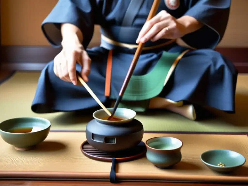 Majestuoso ritual del té japonés con samuráis, destacando el misticismo de los samuráis y la serenidad espiritual