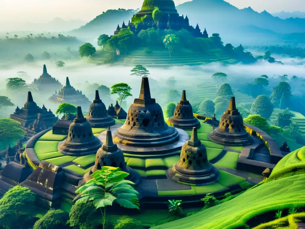 Majestuoso templo Borobudur en la neblina, rodeado de exuberante vegetación y montañas, con monjes en saffron