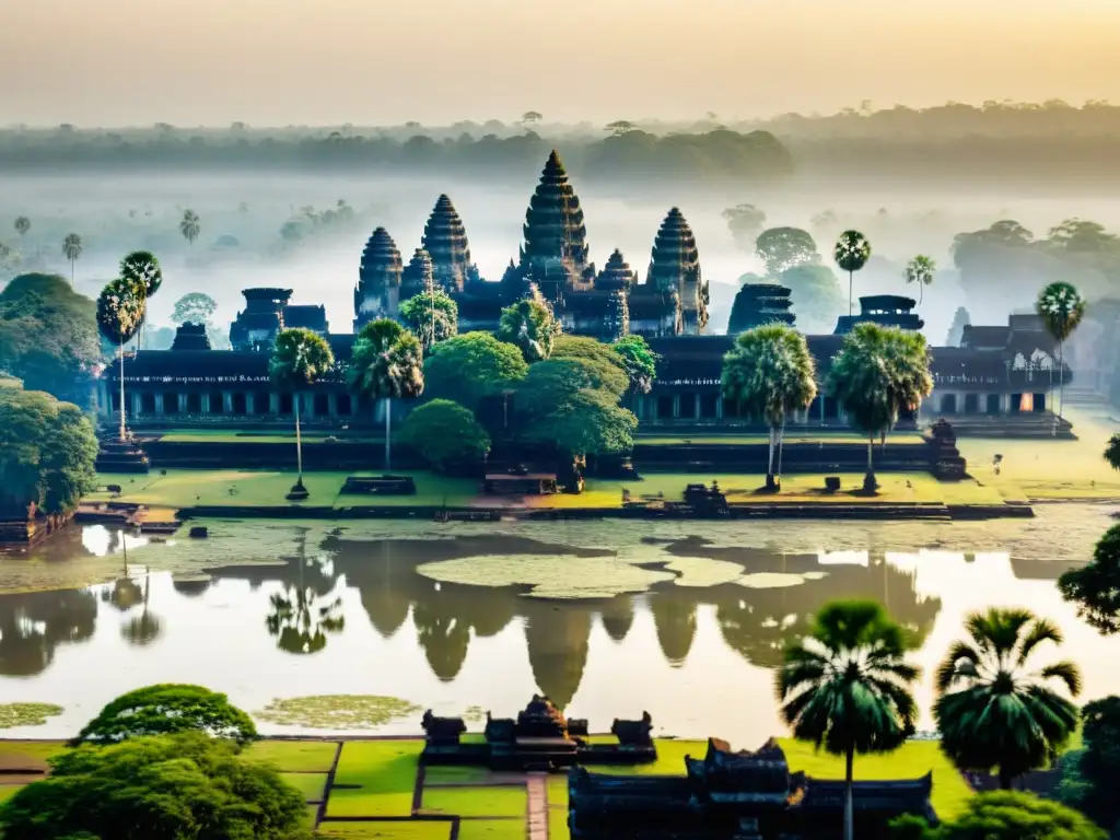 El majestuoso templo camboyano de Angkor Wat al amanecer, envuelto en bruma con una atmósfera misteriosa y encantadora