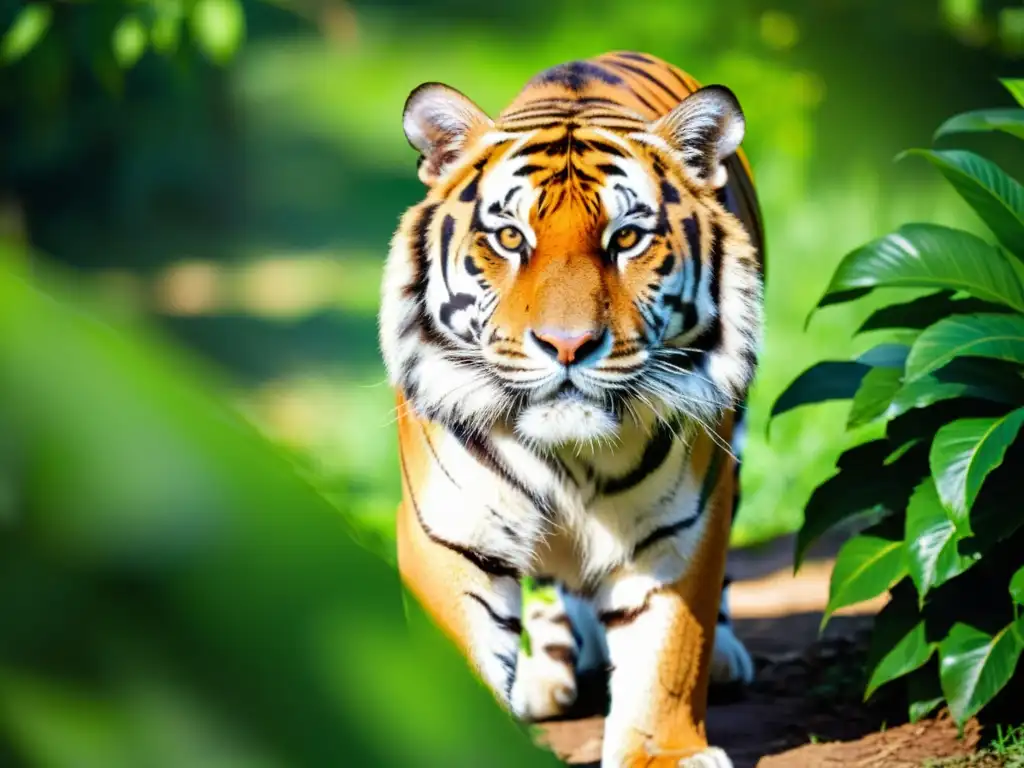 Un majestuoso tigre de Bengala se agazapa entre exuberante vegetación, su mirada fija en la distancia