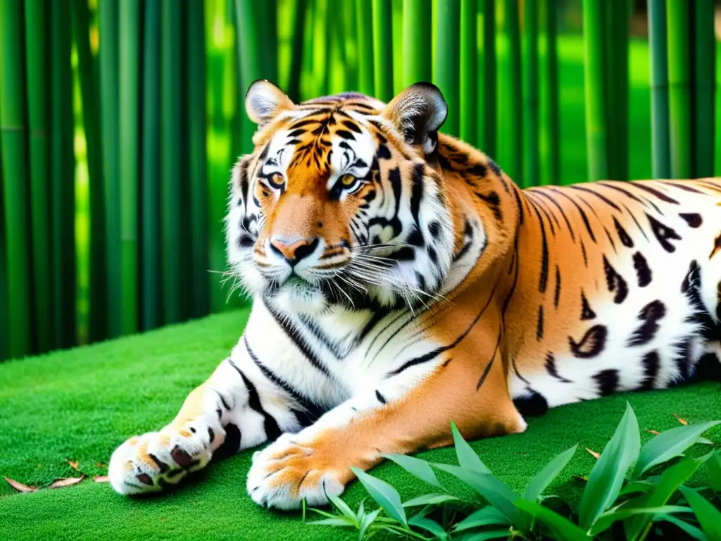 Un majestuoso tigre reposa en un exuberante bosque de bambú, sus rayas naranjas y negras contrastan con el verdor