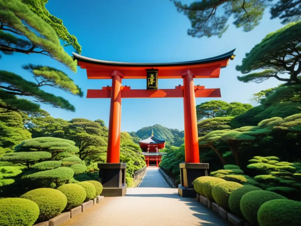 Un majestuoso torii se alza entre exuberante vegetación y cielo azul