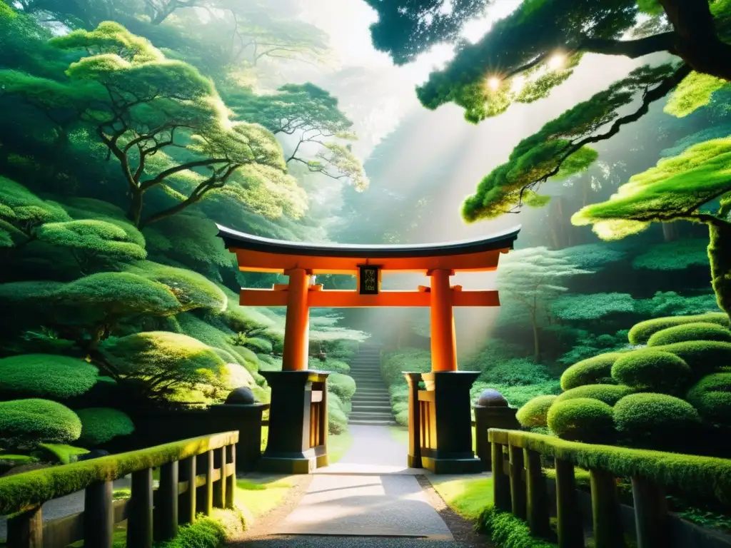 Un majestuoso torii japonés en un bosque exuberante, iluminado por el sol