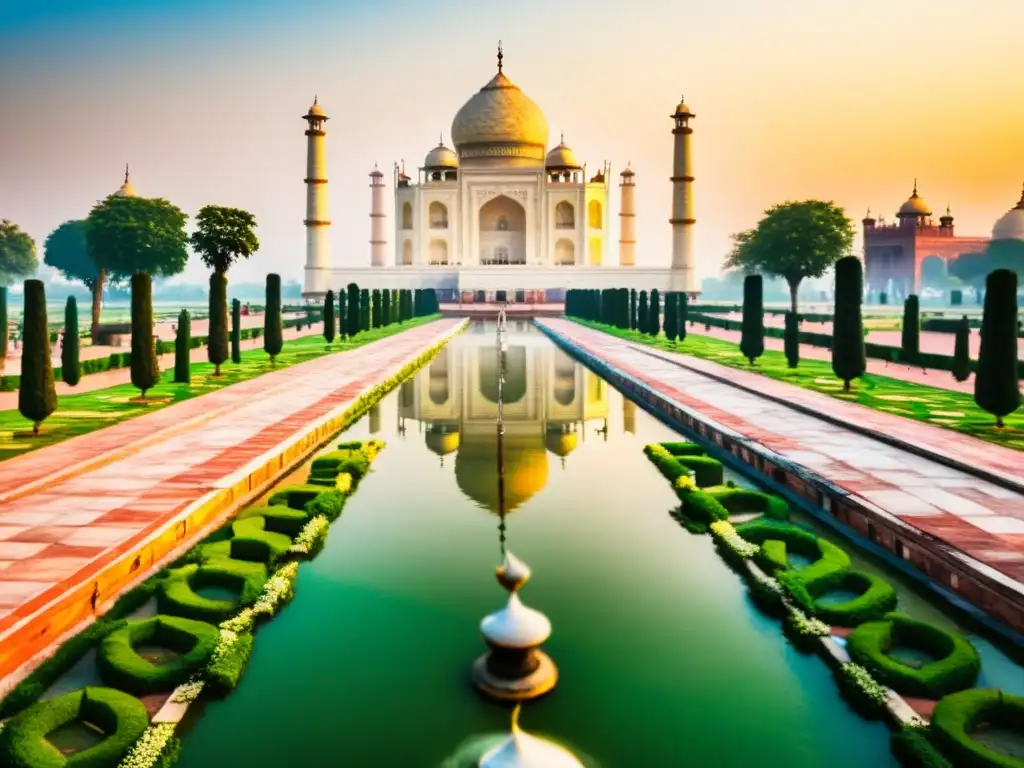 El majestuoso Taj Mahal al amanecer, reflejándose en las tranquilas aguas del río Yamuna, rodeado de exuberantes jardines y detalles arquitectónicos