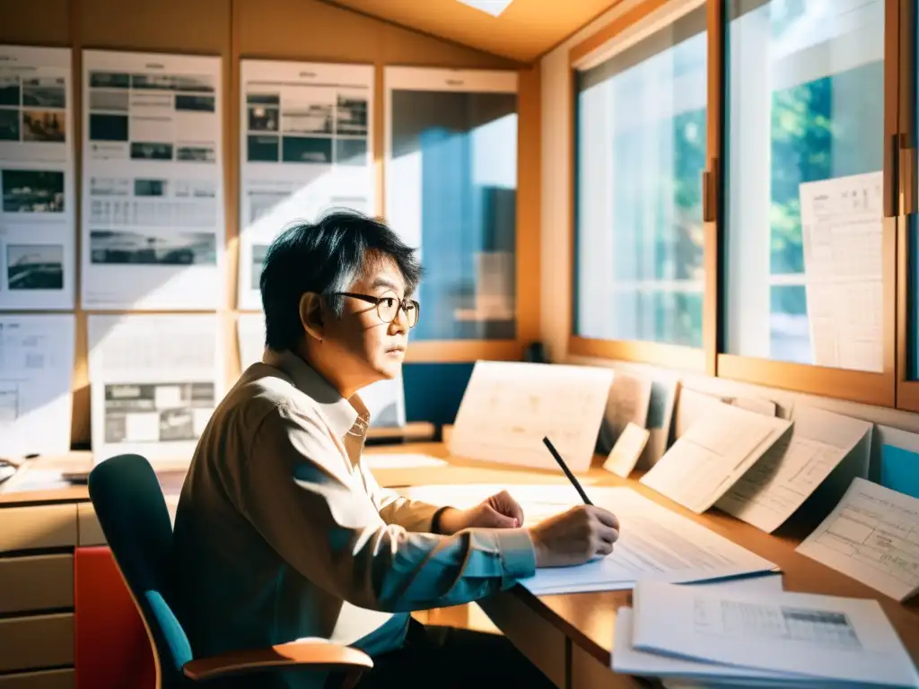 Mamoru Hosoda, director de anime asiático, inmerso en su proceso creativo rodeado de storyboards y bocetos, mostrando su dedicación