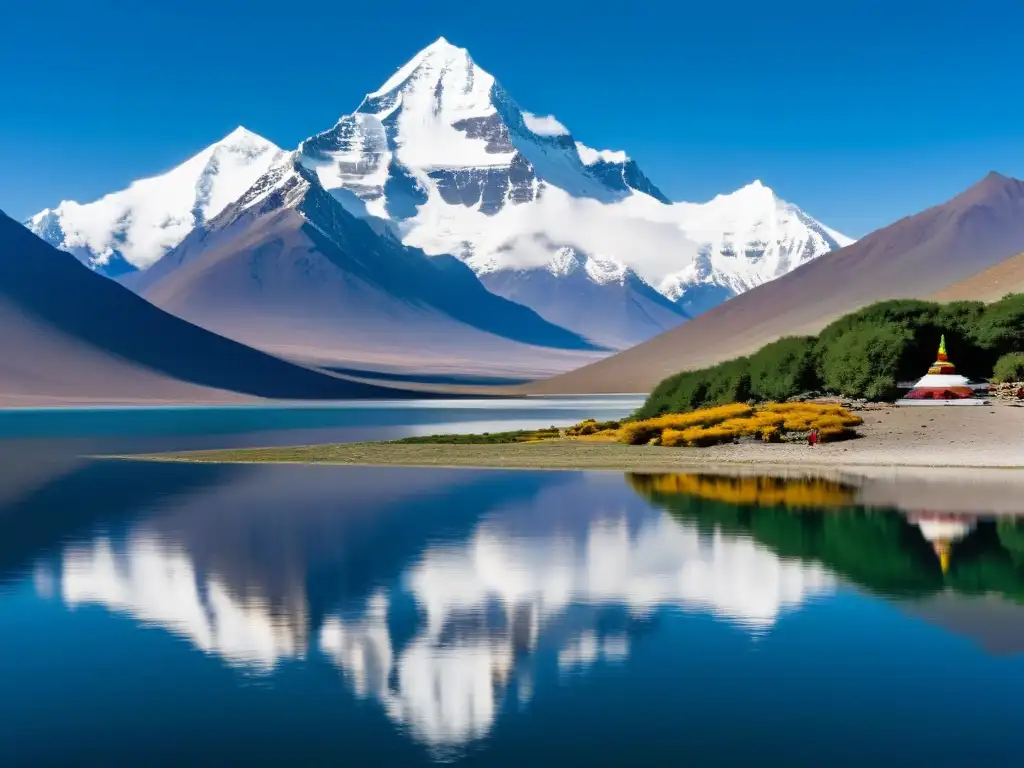 Pilgrims performing rituals on the banks of Lago Manasarovar, con los picos nevados del Himalaya reflejados en el agua tranquila