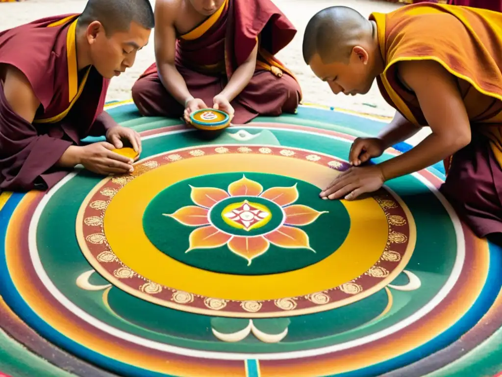 Un mandala de arena detallado creado por monjes tibetanos en un templo vibrante y ornamentado, evocando la espiritualidad del Moksha en el hinduismo