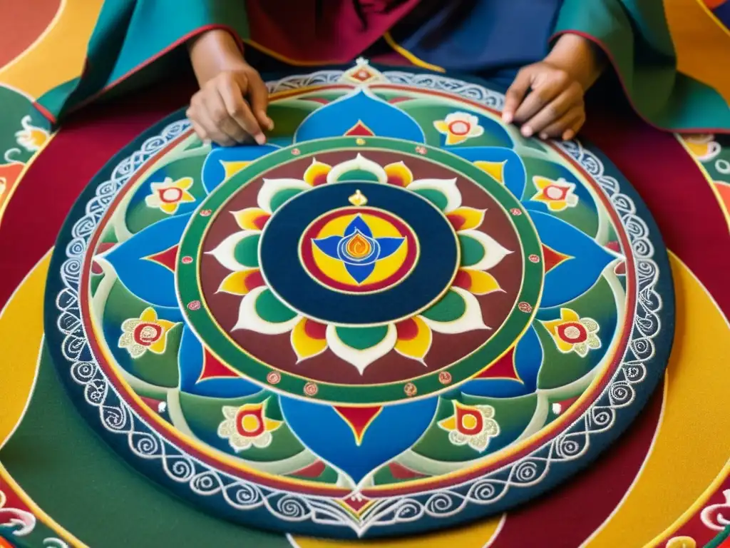 Un mandala de arena detallado representa los cinco elementos en vibrantes colores