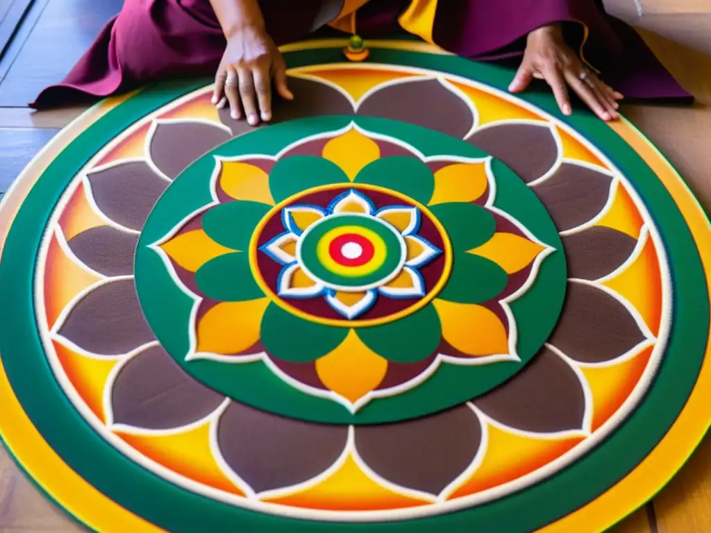 Un mandala de arena elaborado con devoción y precisión por monjes budistas, emanando sabiduría antigua y serenidad espiritual