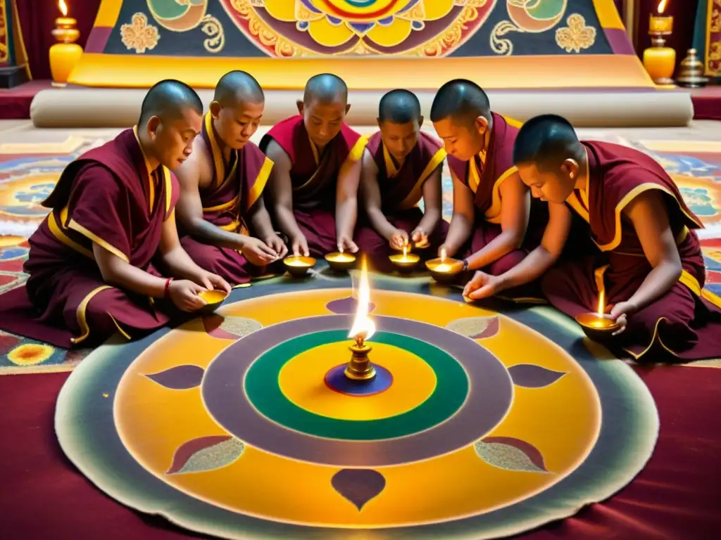 Un mandala de arena tibetano se crea con meticulosidad por monjes budistas, en un templo iluminado por lámparas de mantequilla