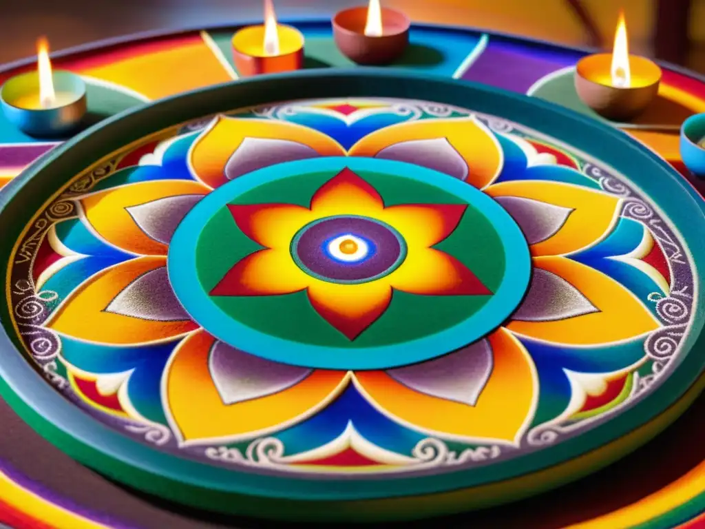 Un mandala de arena vibrante y detallado, creado por monjes budistas, rodeado de ofrendas y con una atmósfera espiritual